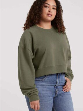 nuuds Cropped Crewneck Sweatshirt - Vintage Wash, Olive, Size Medium